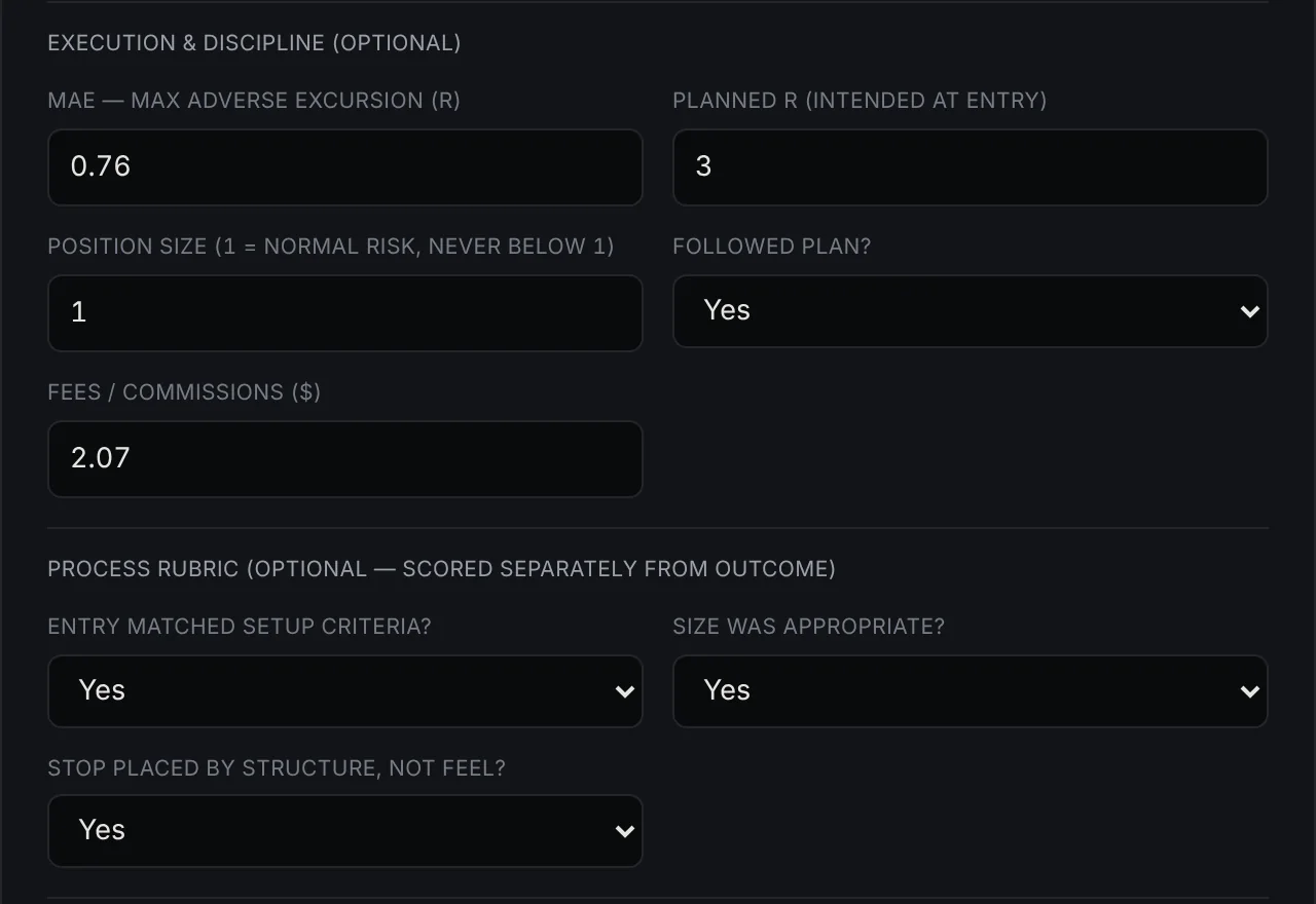 The execution and process section of the trade form in The Terminal View